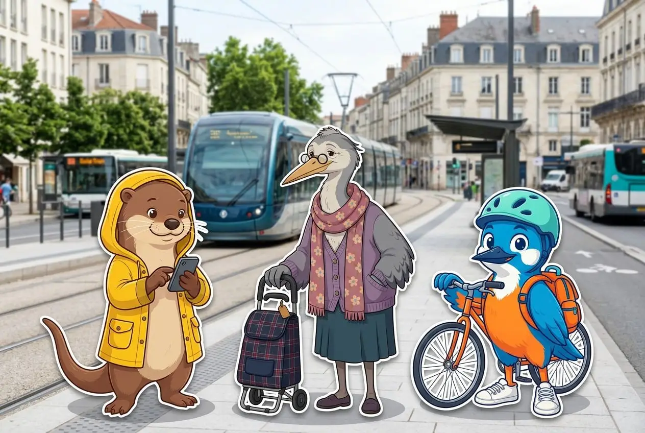 Lou la loutre, Paulette la grand-mère héron et Martin le martin-pêcheur attendent ensemble à un arrêt de tram, un tram arrive au fond.